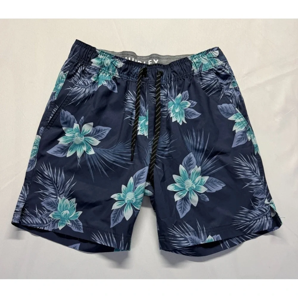 Hurley Volley Trunks Shorts Men Small Navy Blue Tropical Hibiscus Print Swimwear
